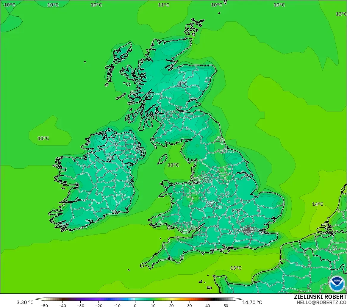 GFS modelo - Reino Unido, Temperatura a 2 m