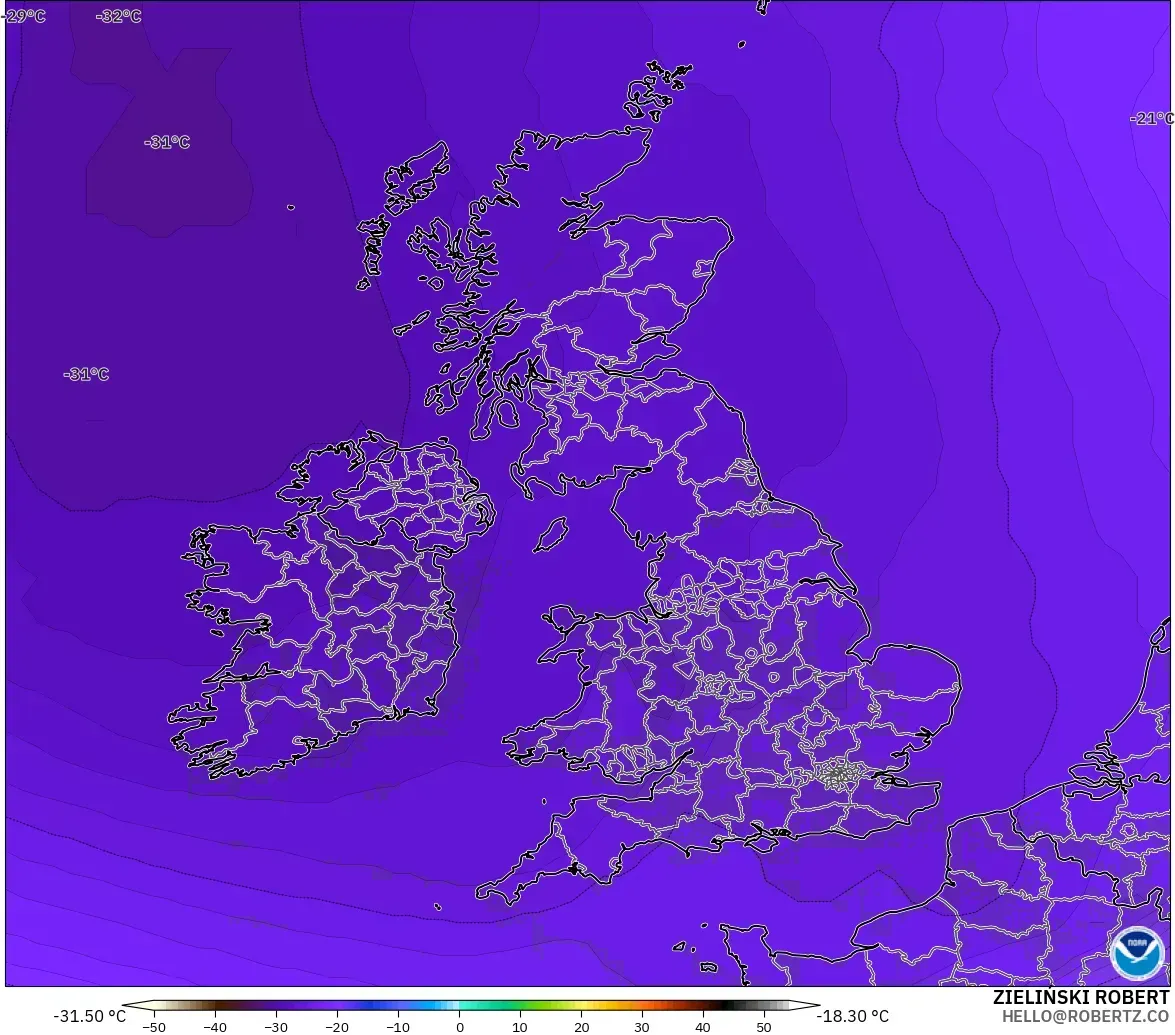 GFS modelo - Reino Unido, Temperatura a 500 hPa