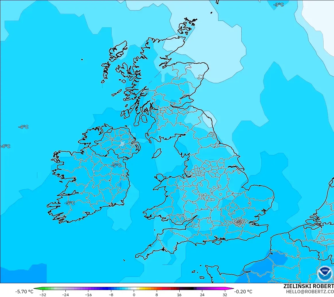 GFS modelo - Reino Unido, Anomalía de temperatura a 850 hPa