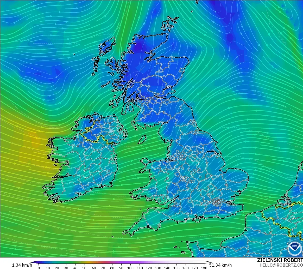 GFS modelo - Reino Unido, Viento a 10 m