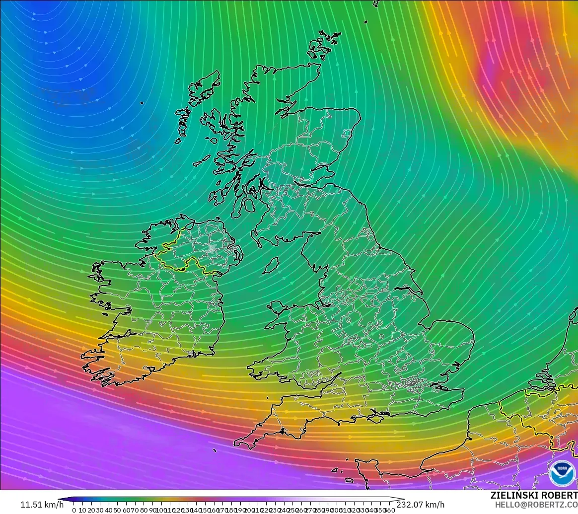 GFS modelo - Reino Unido, Viento a 300 hPa (corriente en chorro)