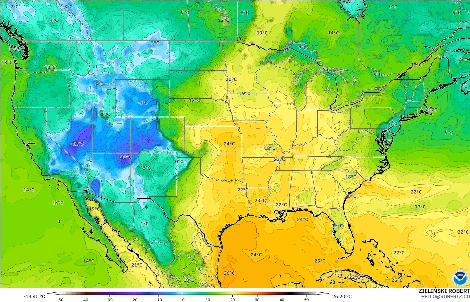 GFS modelo - Estados Unidos, Punto de rocío a 2 m
