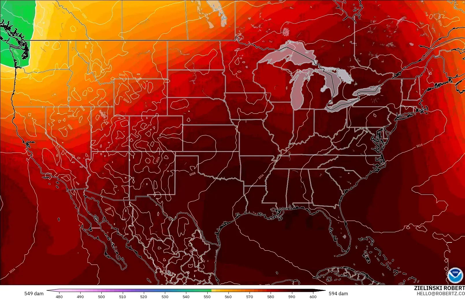 GFS modelo - Estados Unidos, Altura geopotencial a 500 hPa