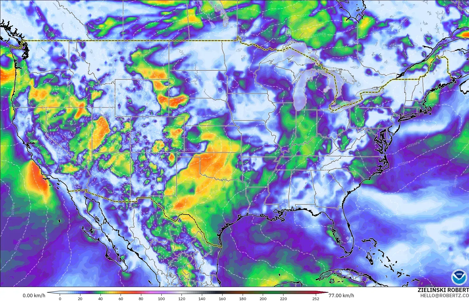 GFS modelo - Estados Unidos, Ráfagas de viento