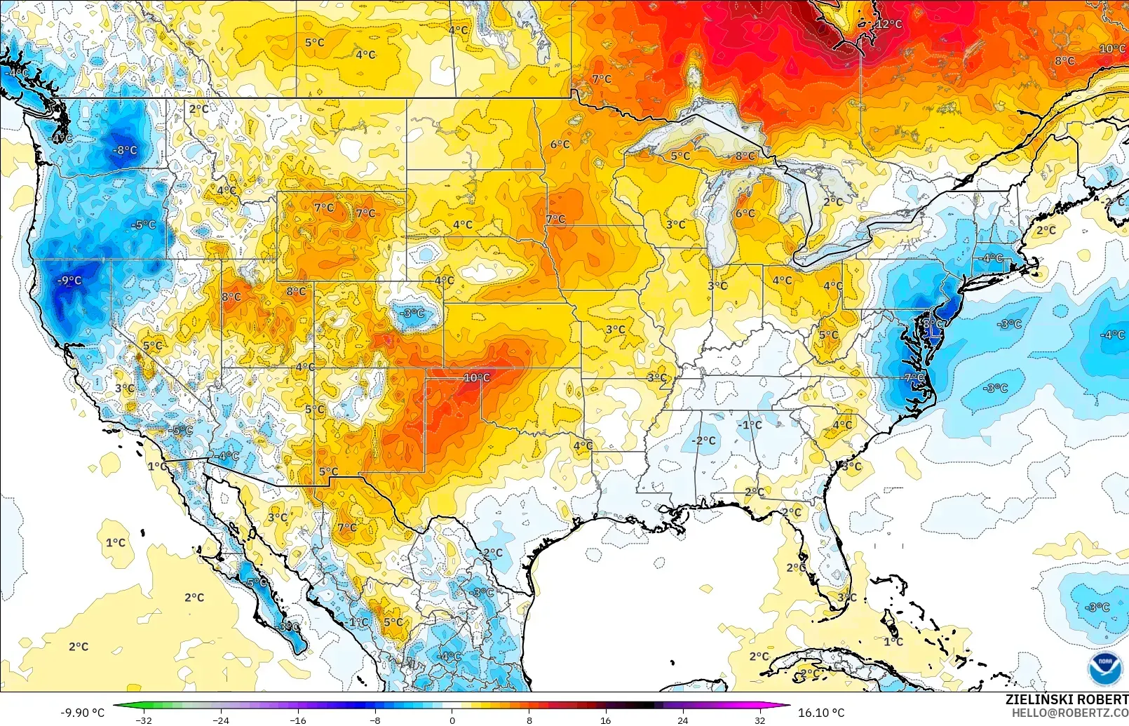 GFS modelo - Estados Unidos, Anomalía de temperatura a 2 m