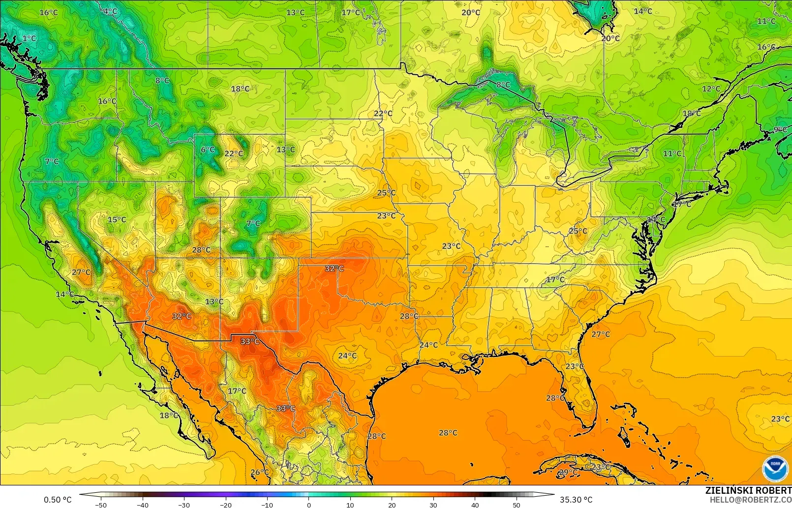 GFS modelo - Estados Unidos, Temperatura a 2 m
