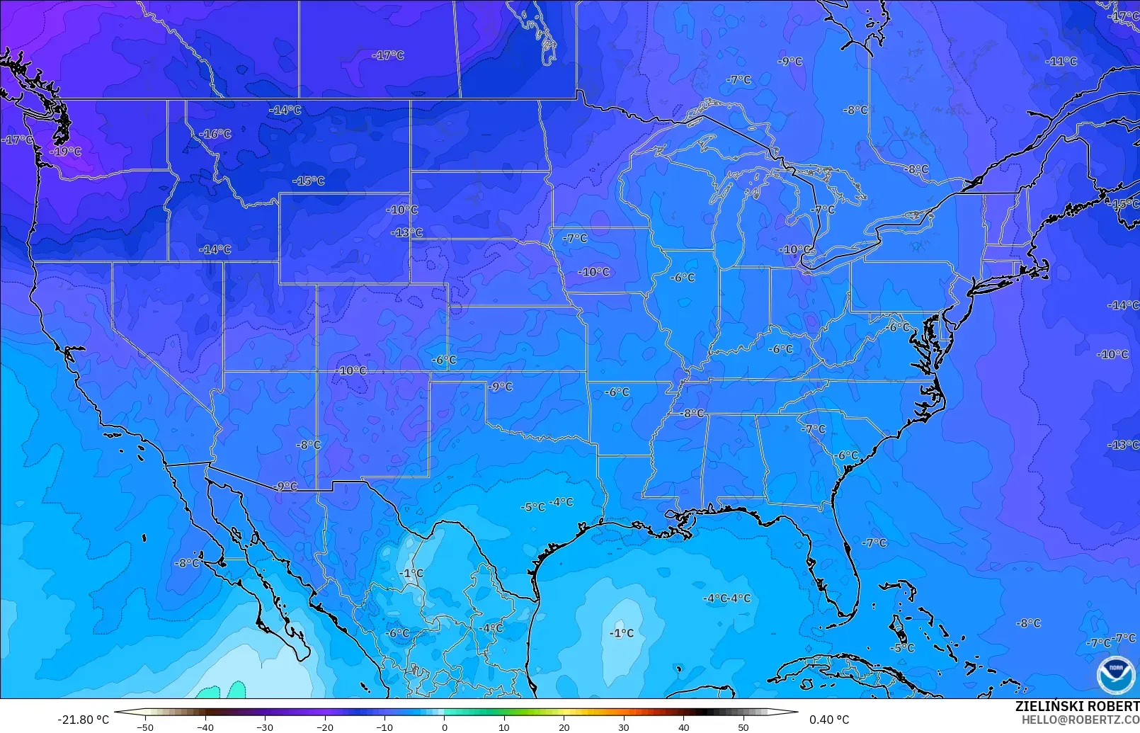 GFS modelo - Estados Unidos, Temperatura a 500 hPa