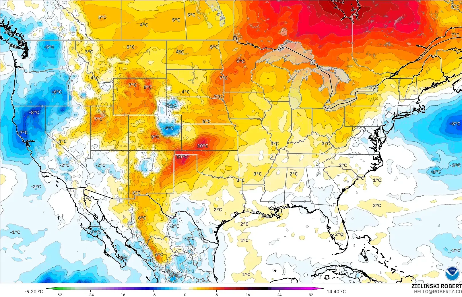 GFS modelo - Estados Unidos, Anomalía de temperatura a 850 hPa