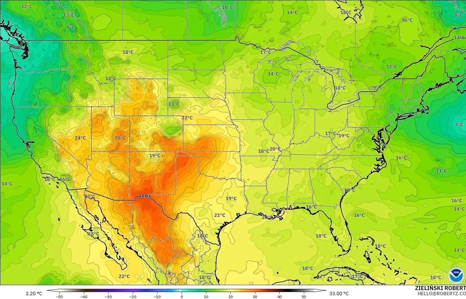 GFS modelo - Estados Unidos, Temperatura a 850 hPa