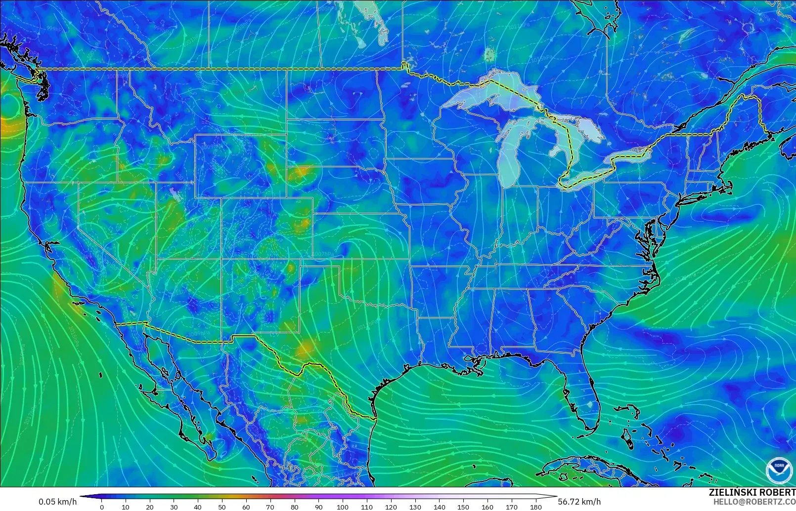 GFS modelo - Estados Unidos, Viento a 10 m