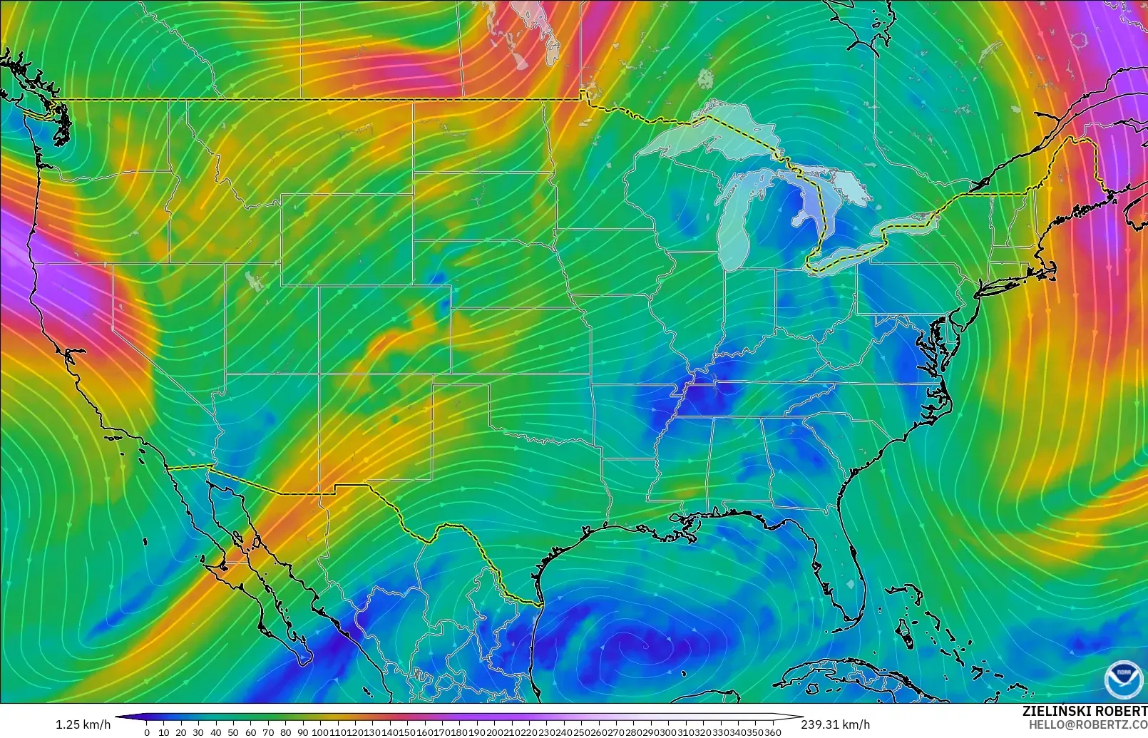 GFS modelo - Estados Unidos, Viento a 300 hPa (corriente en chorro)
