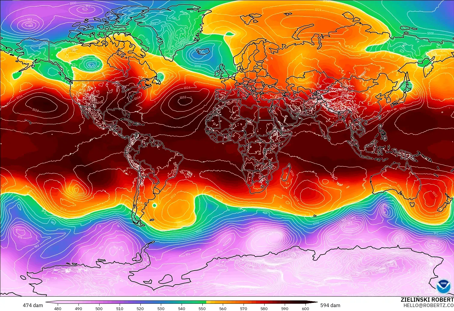 GFS modelo - Mundo, Altura geopotencial a 500 hPa