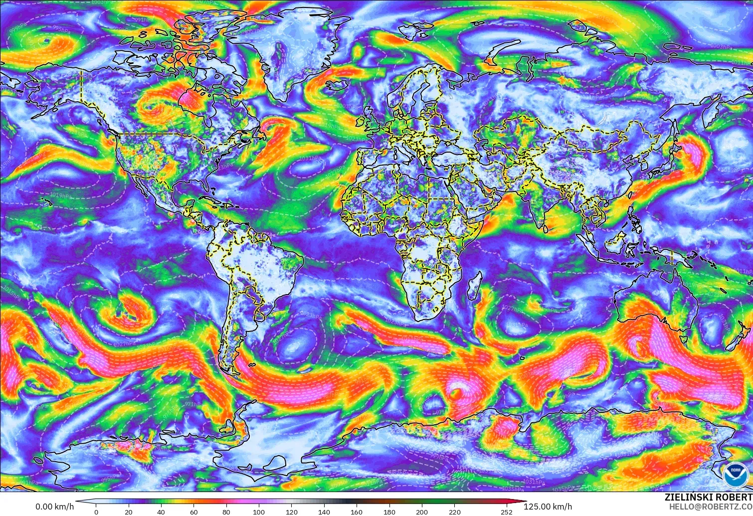 GFS modelo - Mundo, Ráfagas de Viento Máximas
