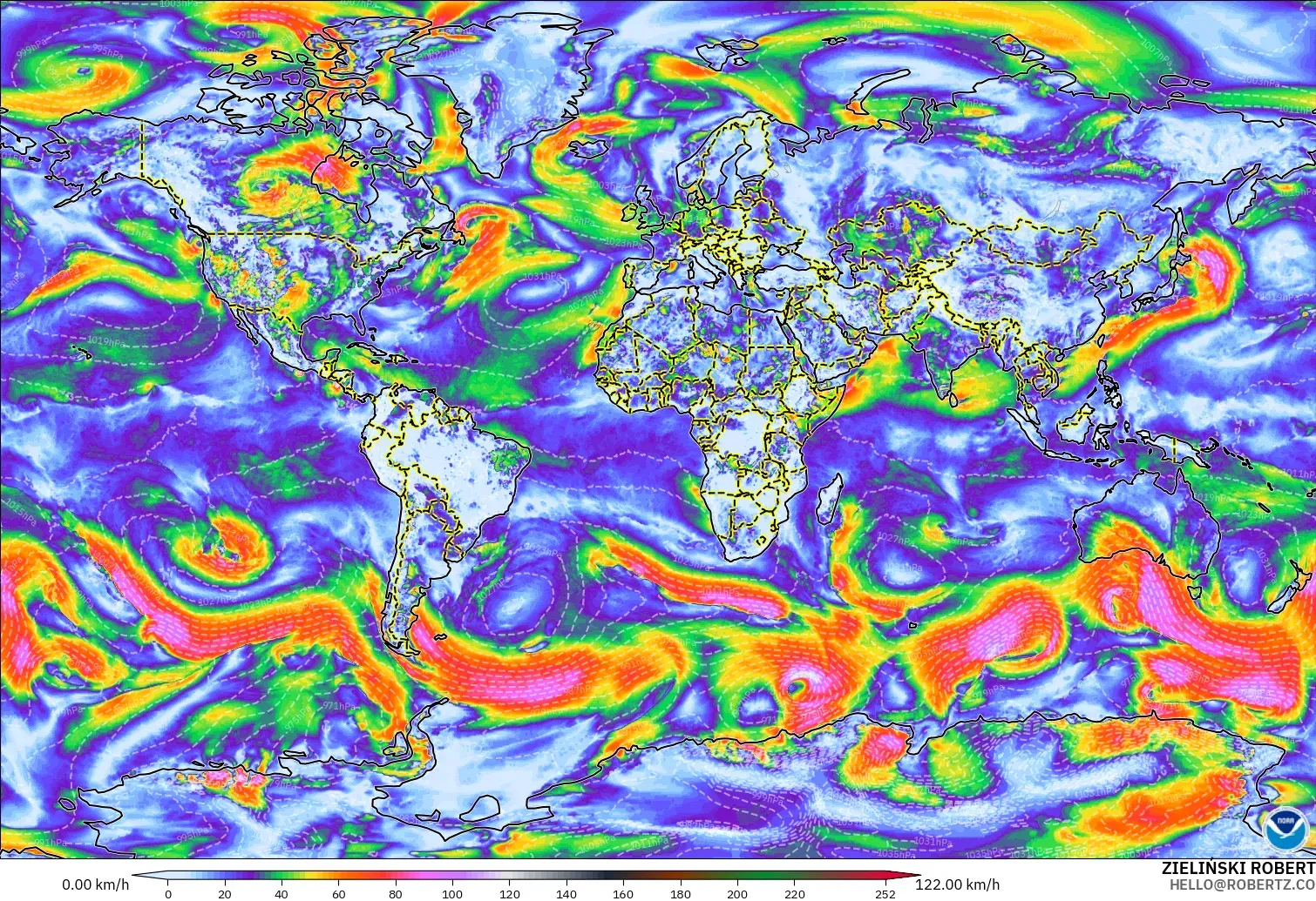 GFS modelo - Mundo, Ráfagas de viento