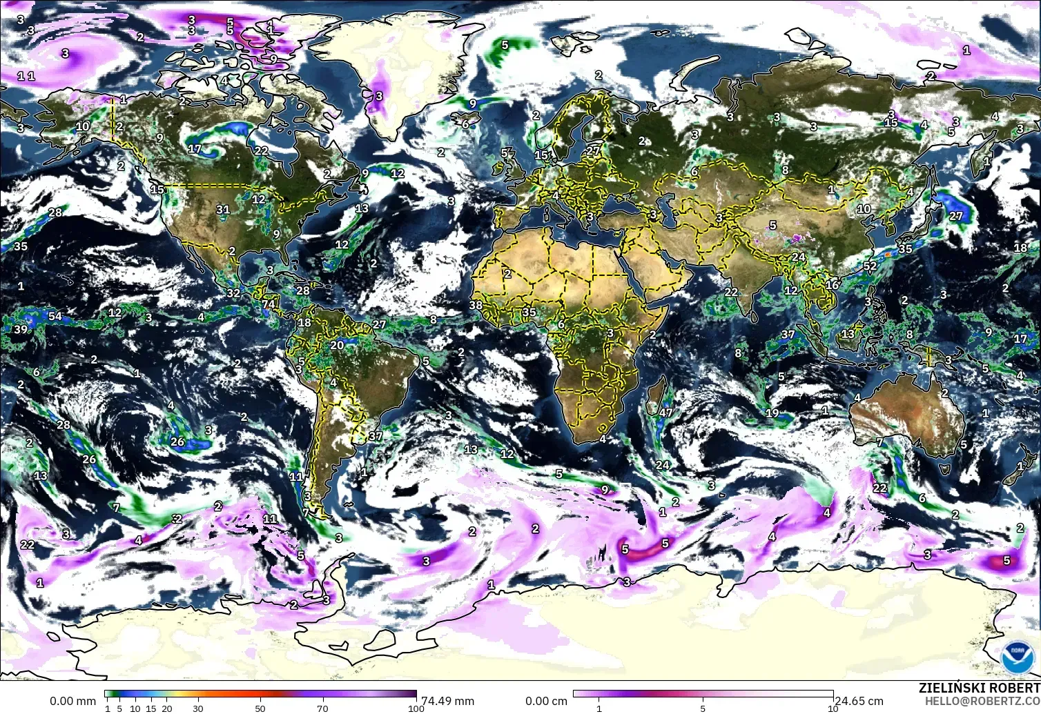 GFS modelo - Mundo, Precipitación, nubes y presión