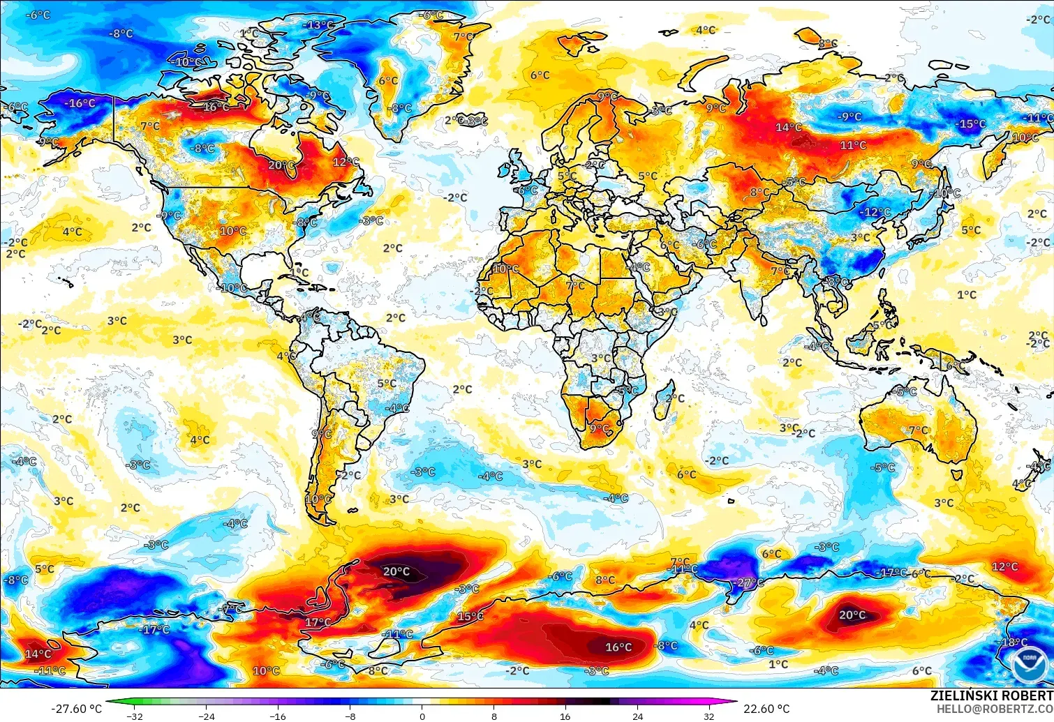 GFS modelo - Mundo, Anomalía de temperatura a 2 m