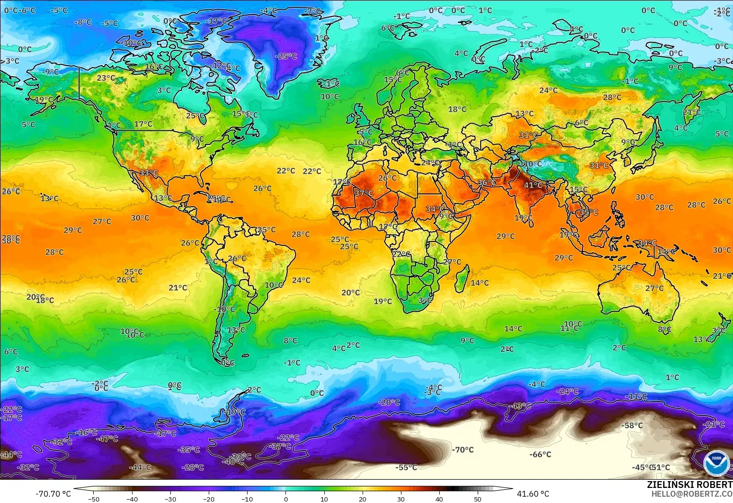 GFS modelo - Mundo, Temperatura a 2 m
