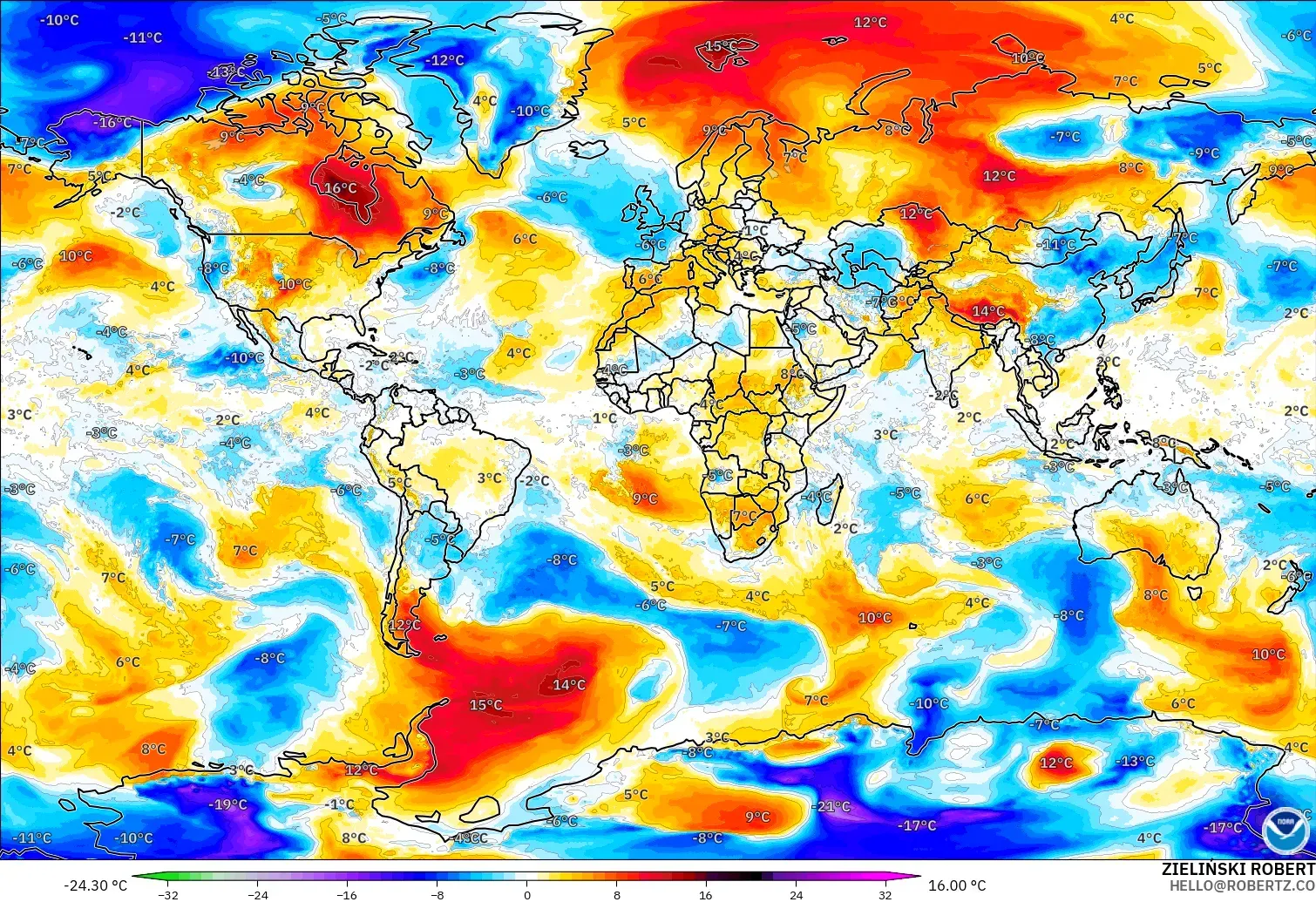 GFS modelo - Mundo, Anomalía de temperatura a 850 hPa
