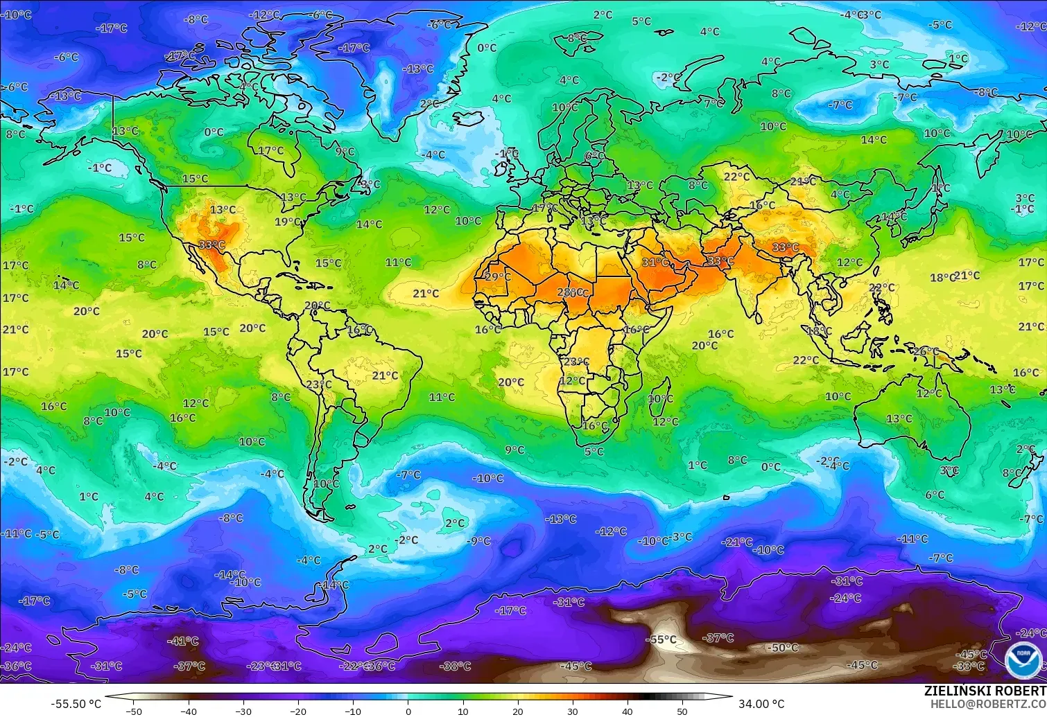 GFS modelo - Mundo, Temperatura a 850 hPa