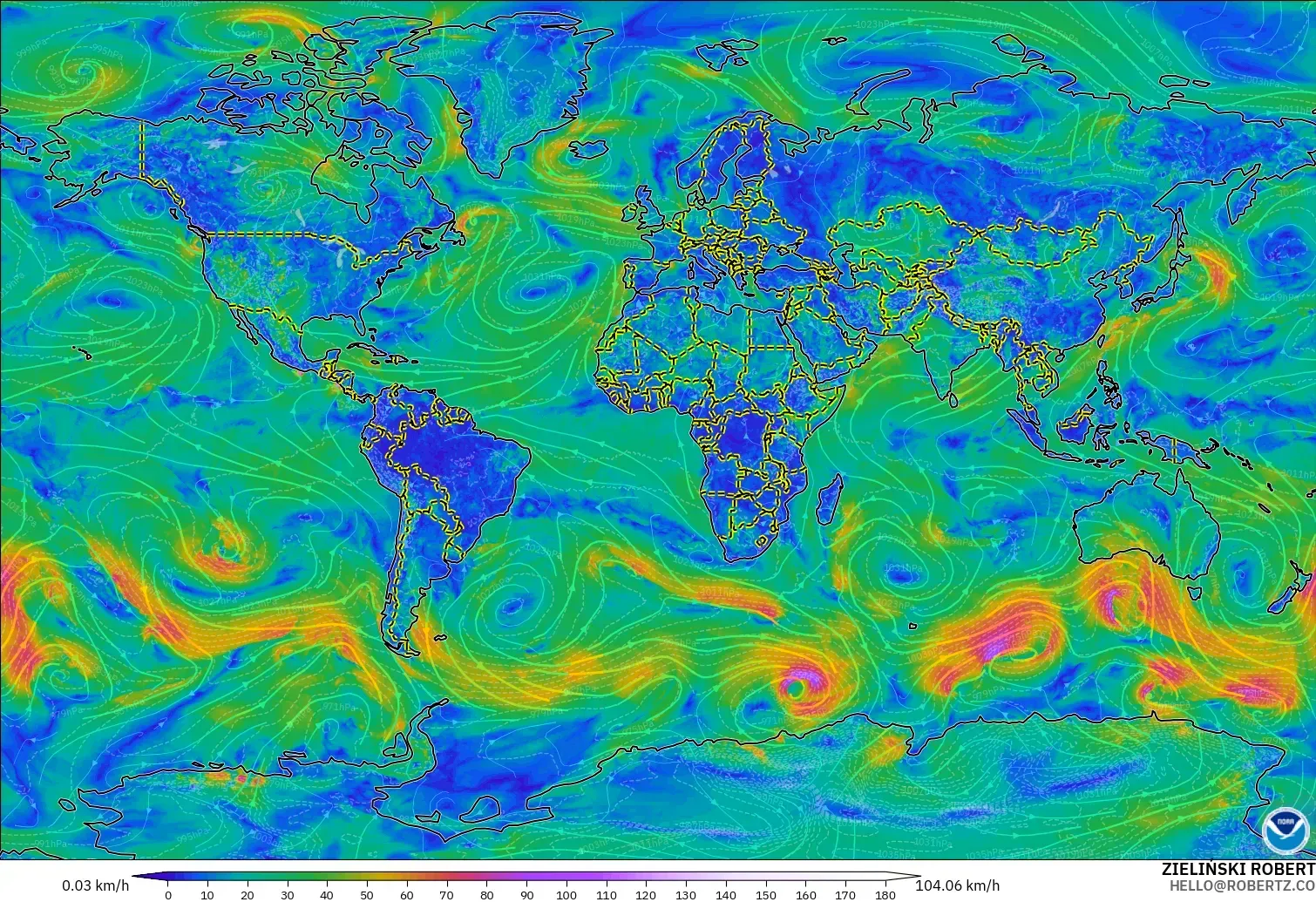 GFS modelo - Mundo, Viento a 10 m