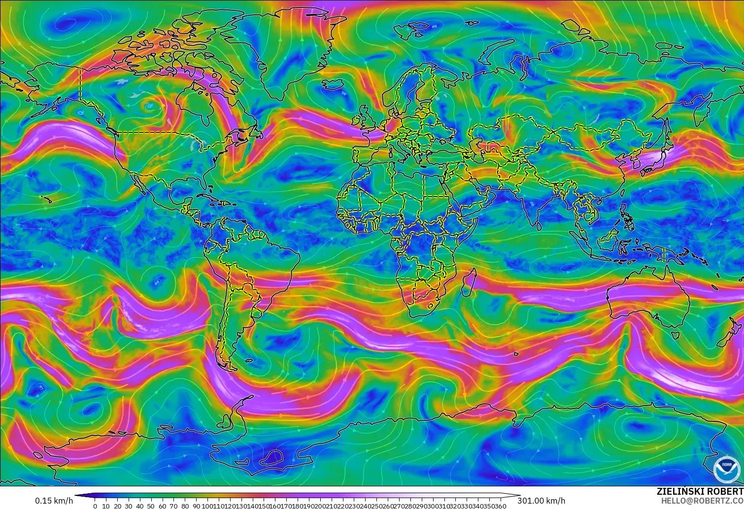 GFS modelo - Mundo, Viento a 300 hPa (corriente en chorro)