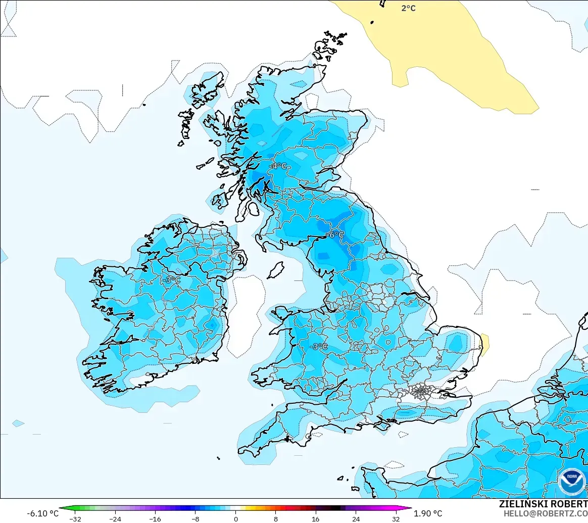 GFS modelo - Reino Unido, Anomalía de temperatura a 2 m