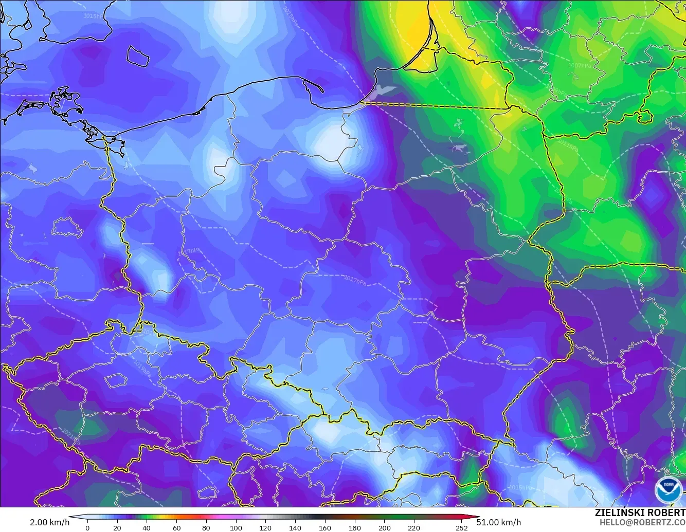 GFS modelo - Polonia, Ráfagas de viento