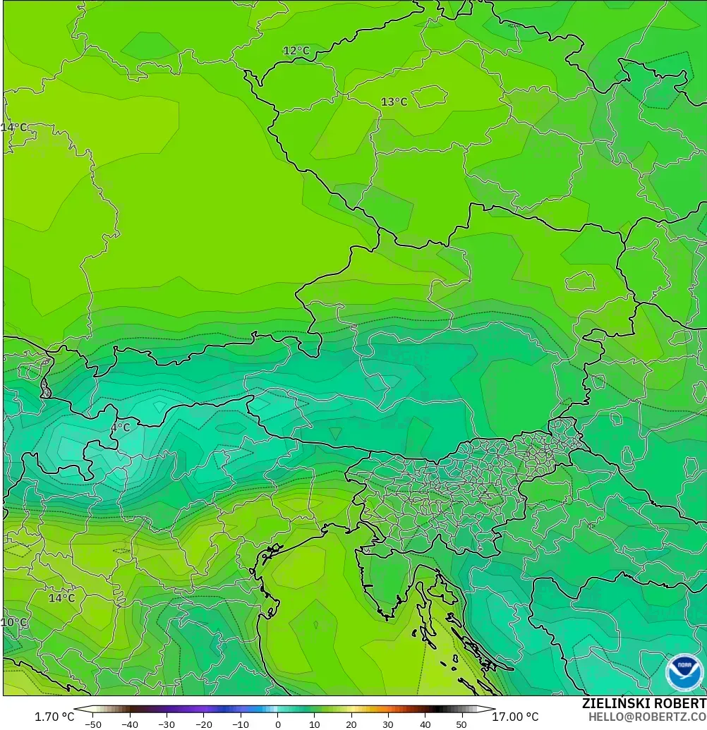 GFS modelo - Austria, Punto de rocío a 2 m