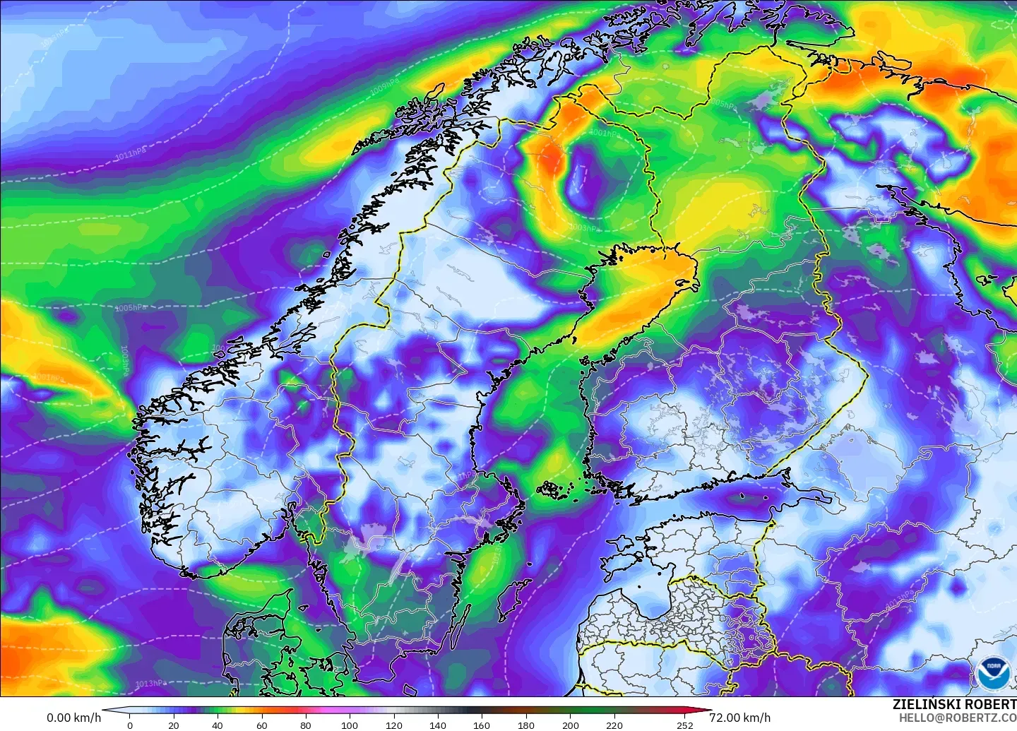 GFS modelo - Escandinavia, Ráfagas de viento