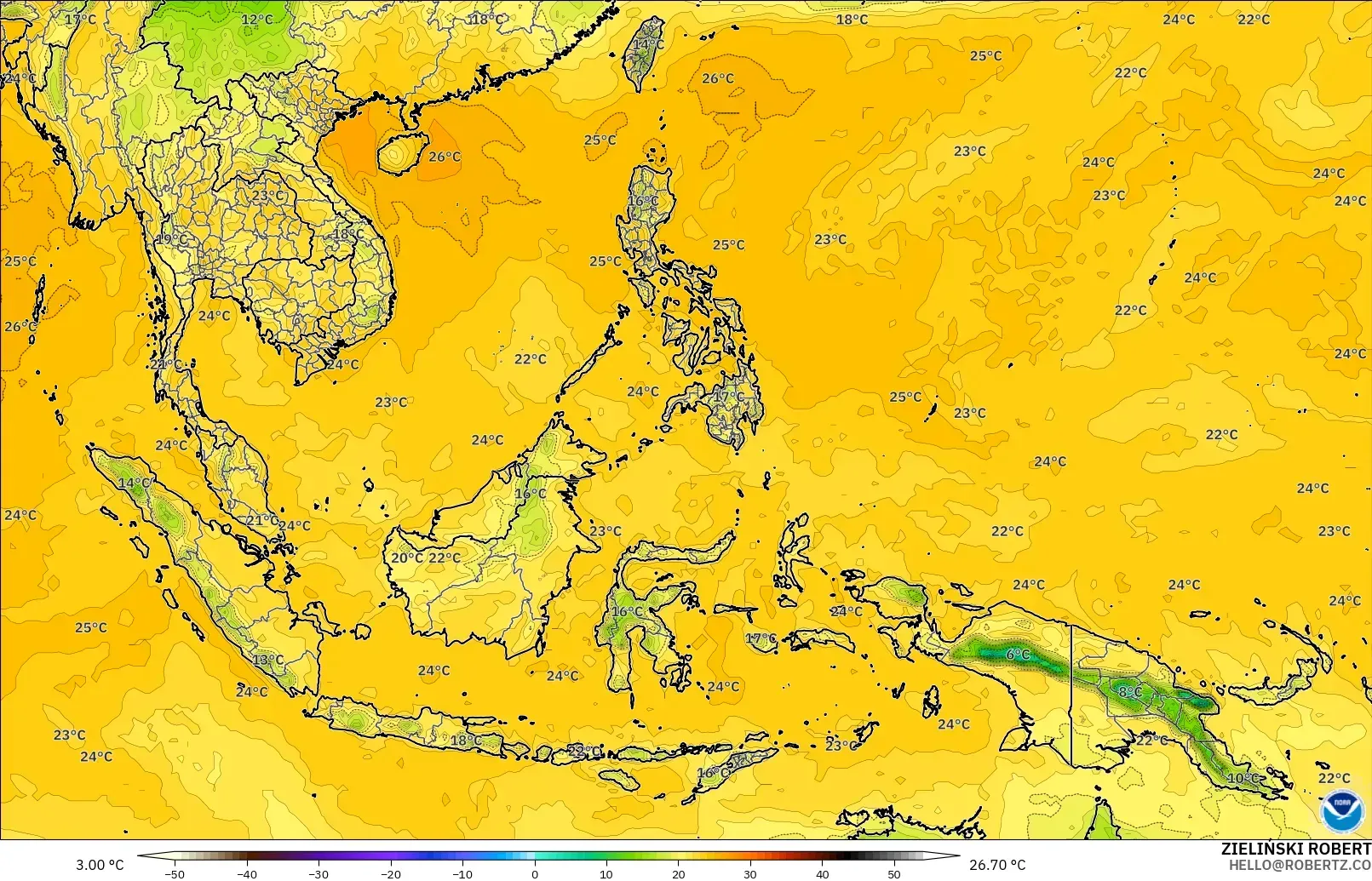 GFS modelo - Sudeste Asiático, Punto de rocío a 2 m