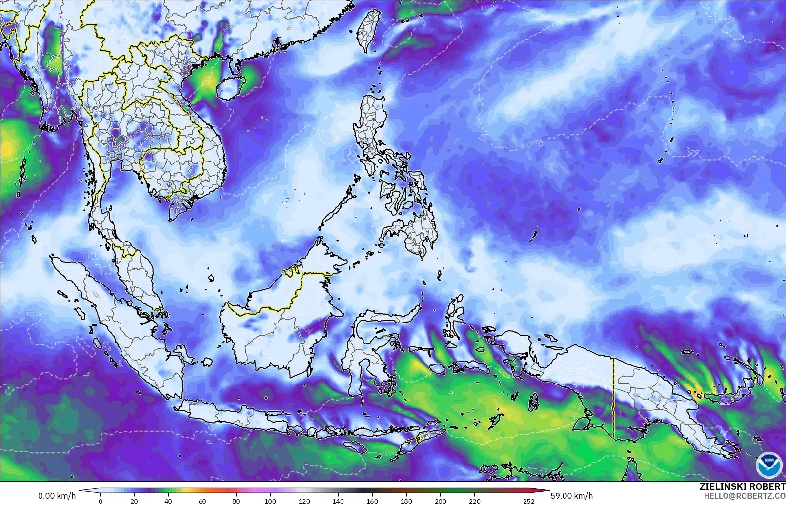 GFS modelo - Sudeste Asiático, Ráfagas de Viento Máximas
