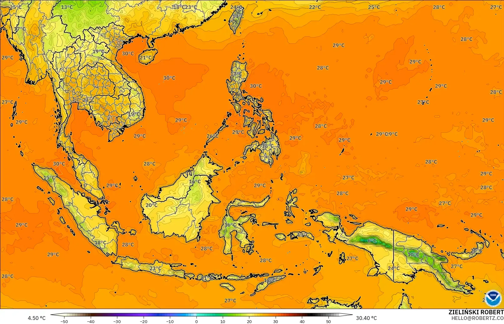 GFS modelo - Sudeste Asiático, Temperatura a 2 m