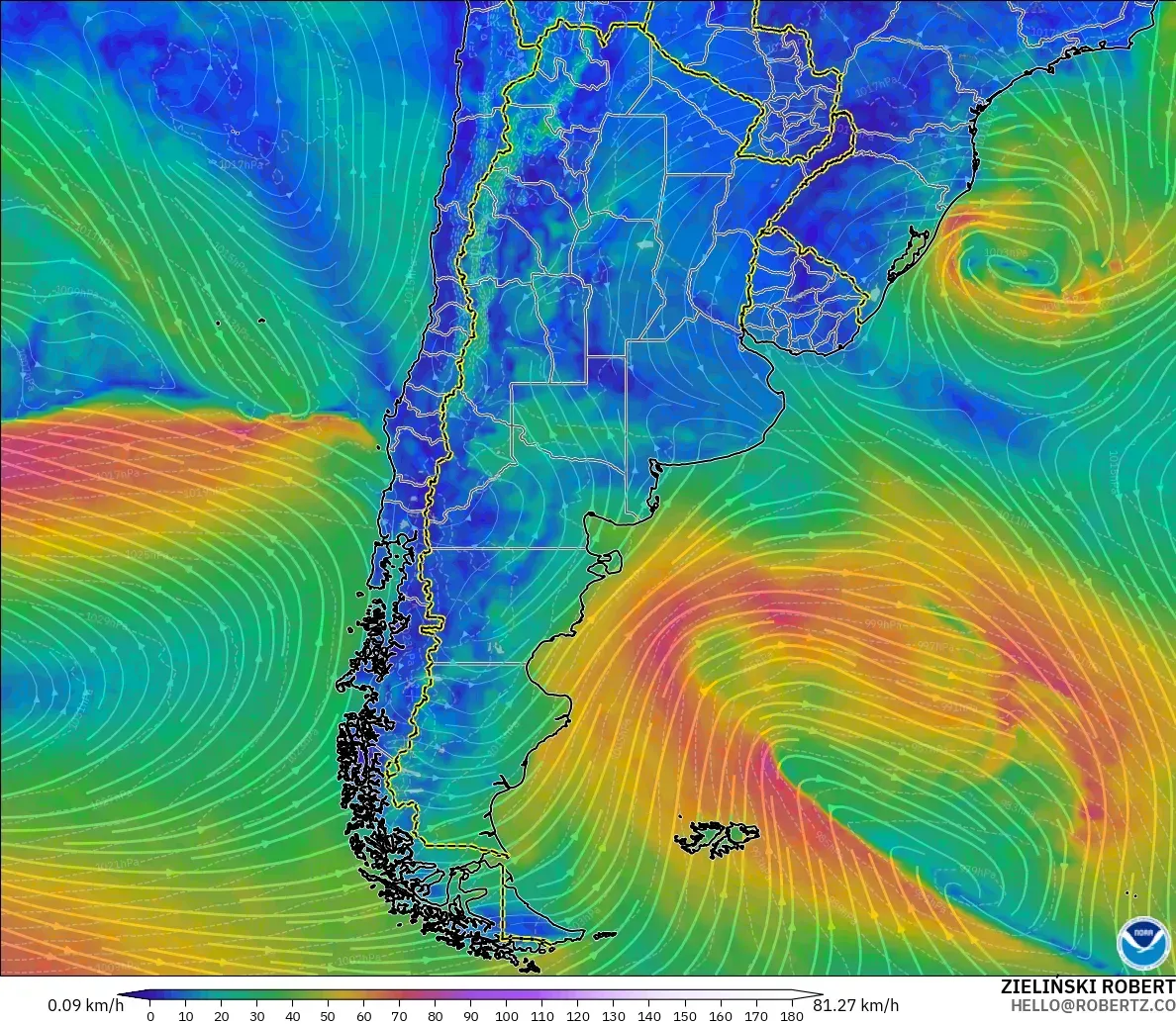 GFS modelo - Argentina, Viento a 10 m