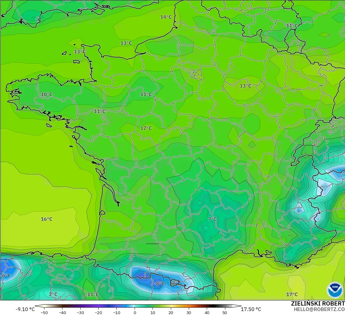 GFS modelo - Francia, Punto de rocío a 2 m