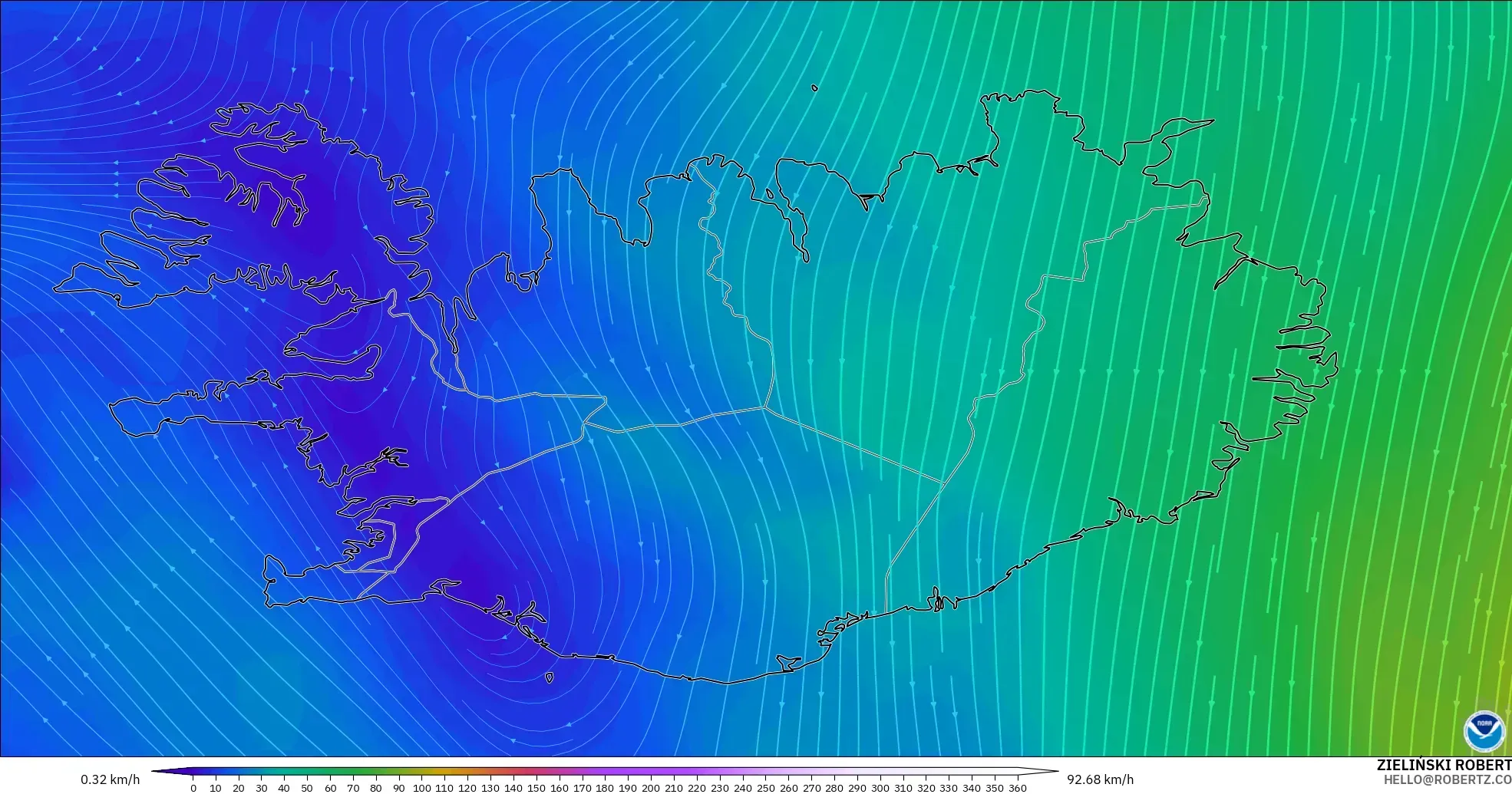 GFS modelo - Islandia, Viento a 300 hPa (corriente en chorro)