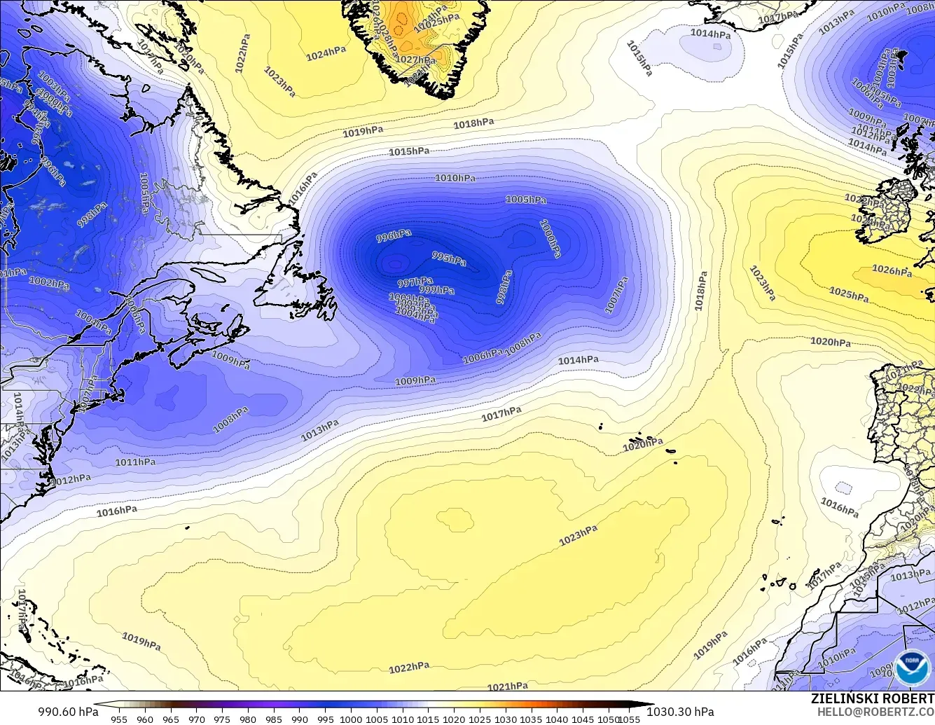 GFS modelo - Norte Atlántico, Presión