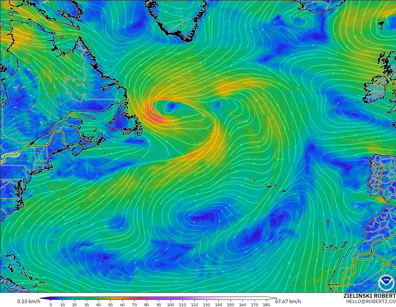 GFS modelo - Norte Atlántico, Viento a 10 m
