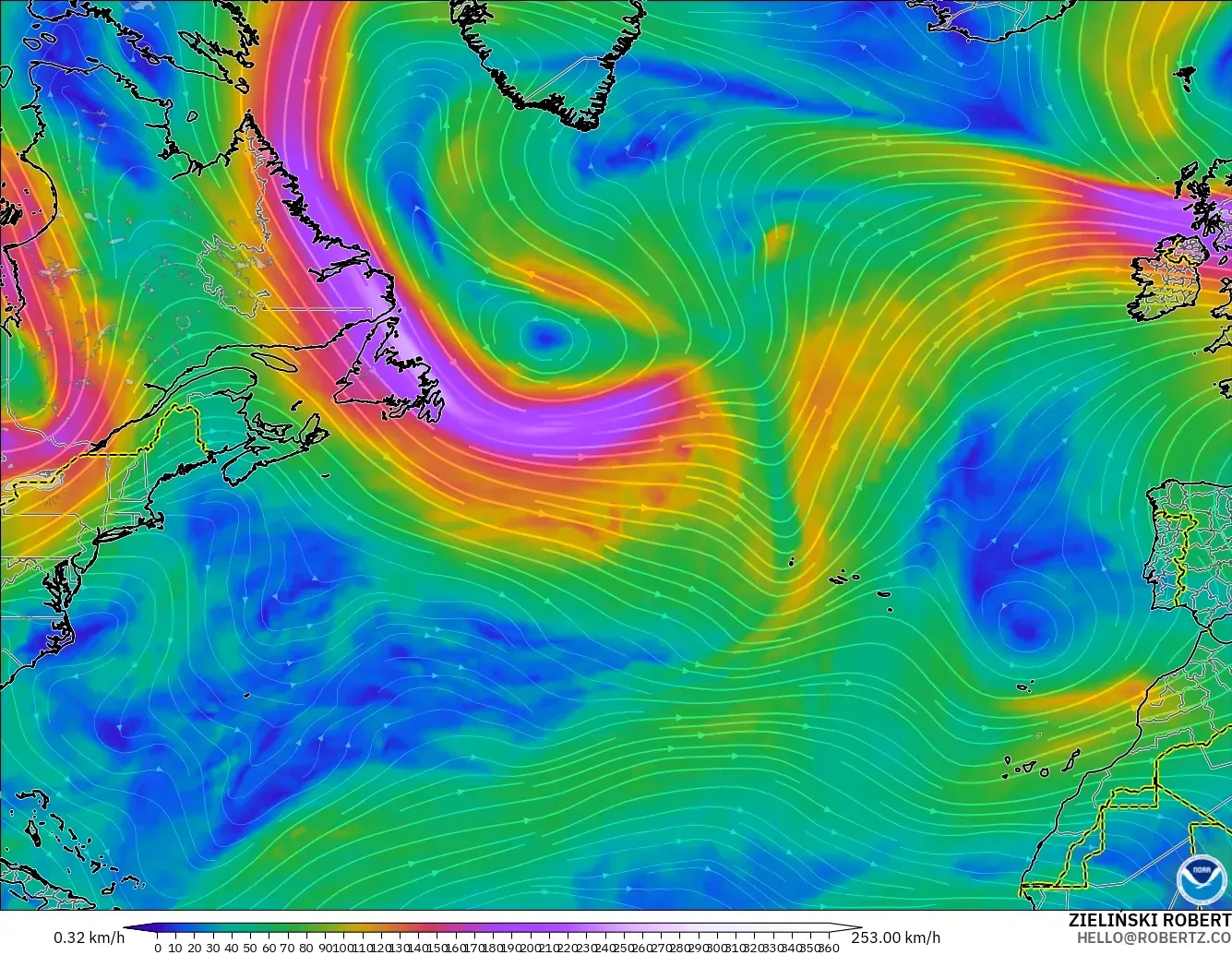 GFS modelo - Norte Atlántico, Viento a 300 hPa (corriente en chorro)