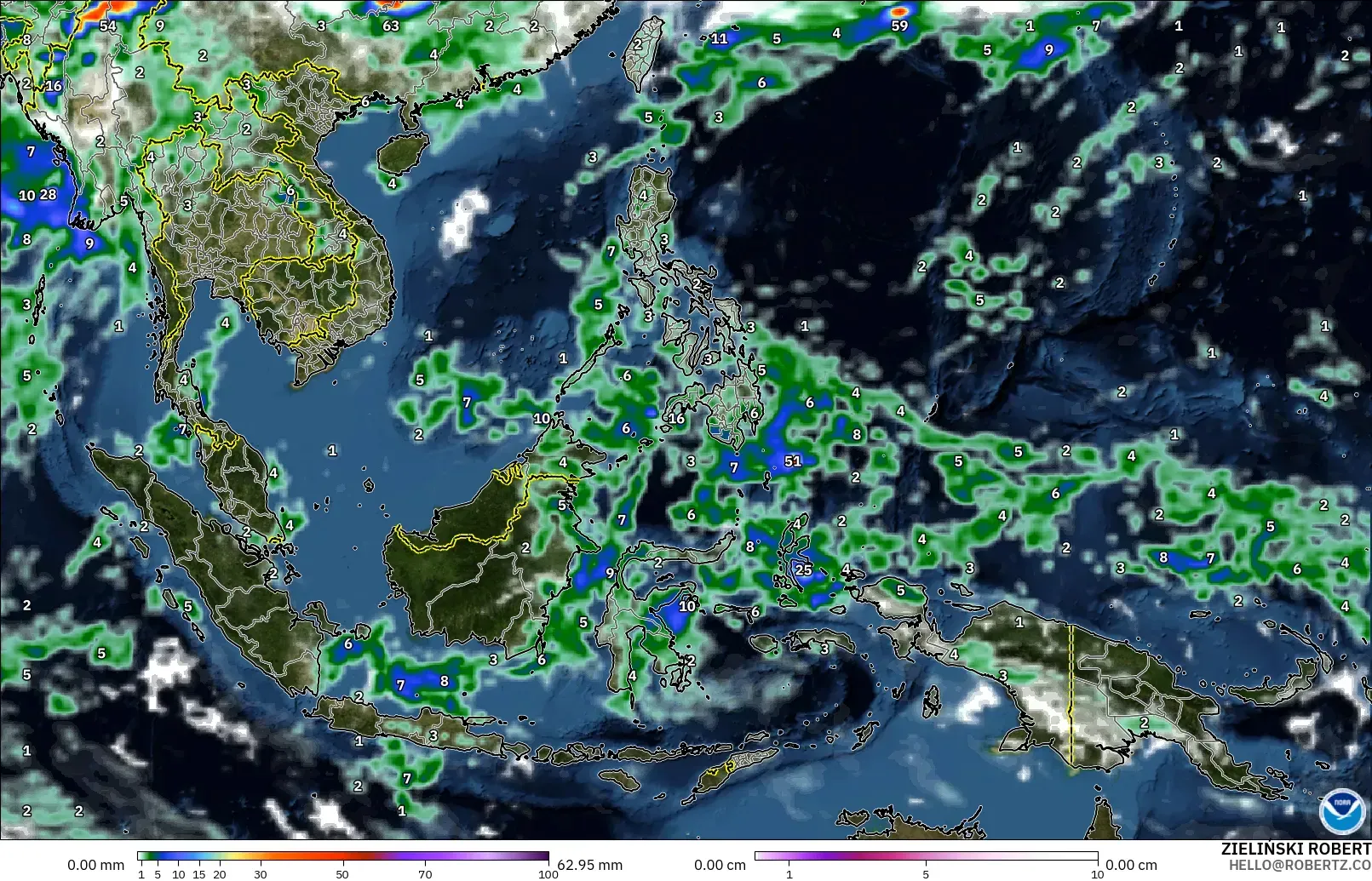 GFS modelo - Sudeste Asiático, Precipitación, nubes y presión