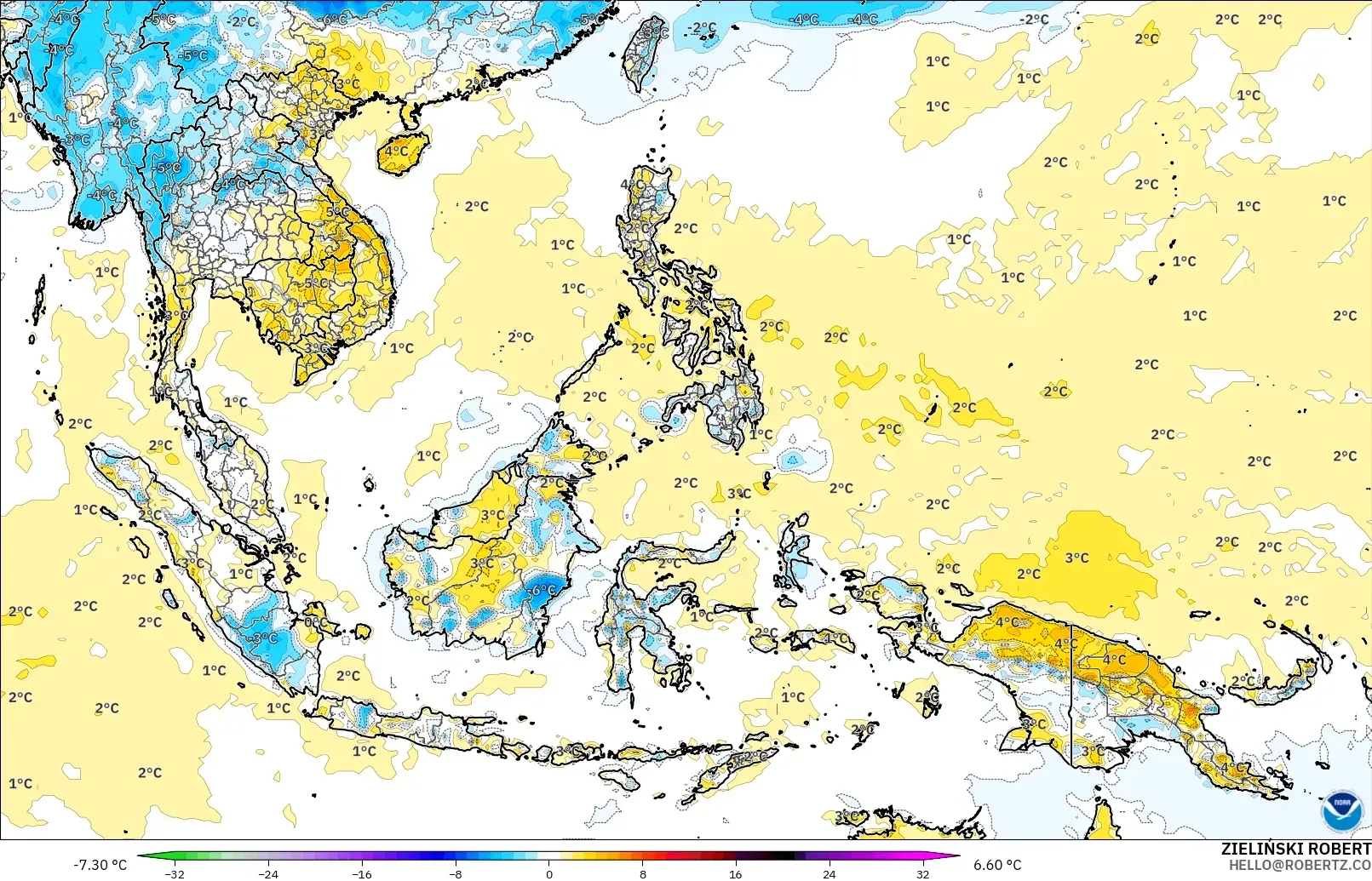 GFS modelo - Sudeste Asiático, Anomalía de temperatura a 2 m