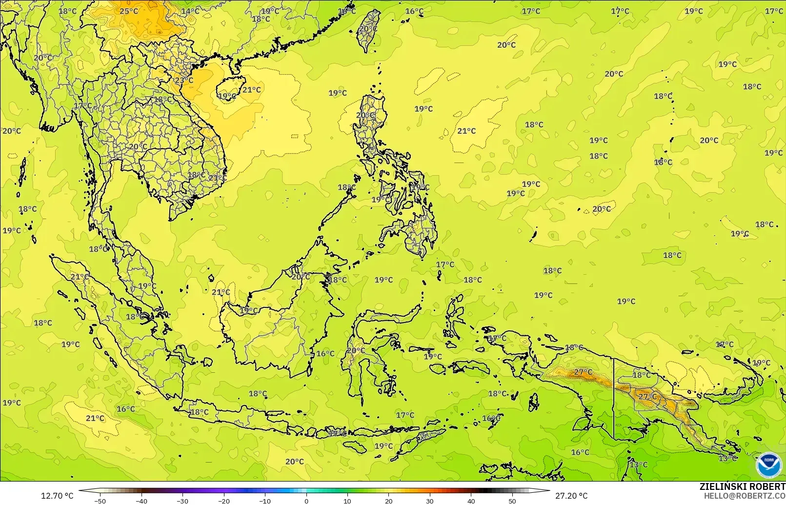 GFS modelo - Sudeste Asiático, Temperatura a 850 hPa