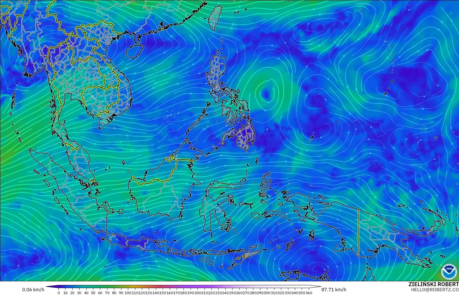 GFS modelo - Sudeste Asiático, Viento a 300 hPa (corriente en chorro)