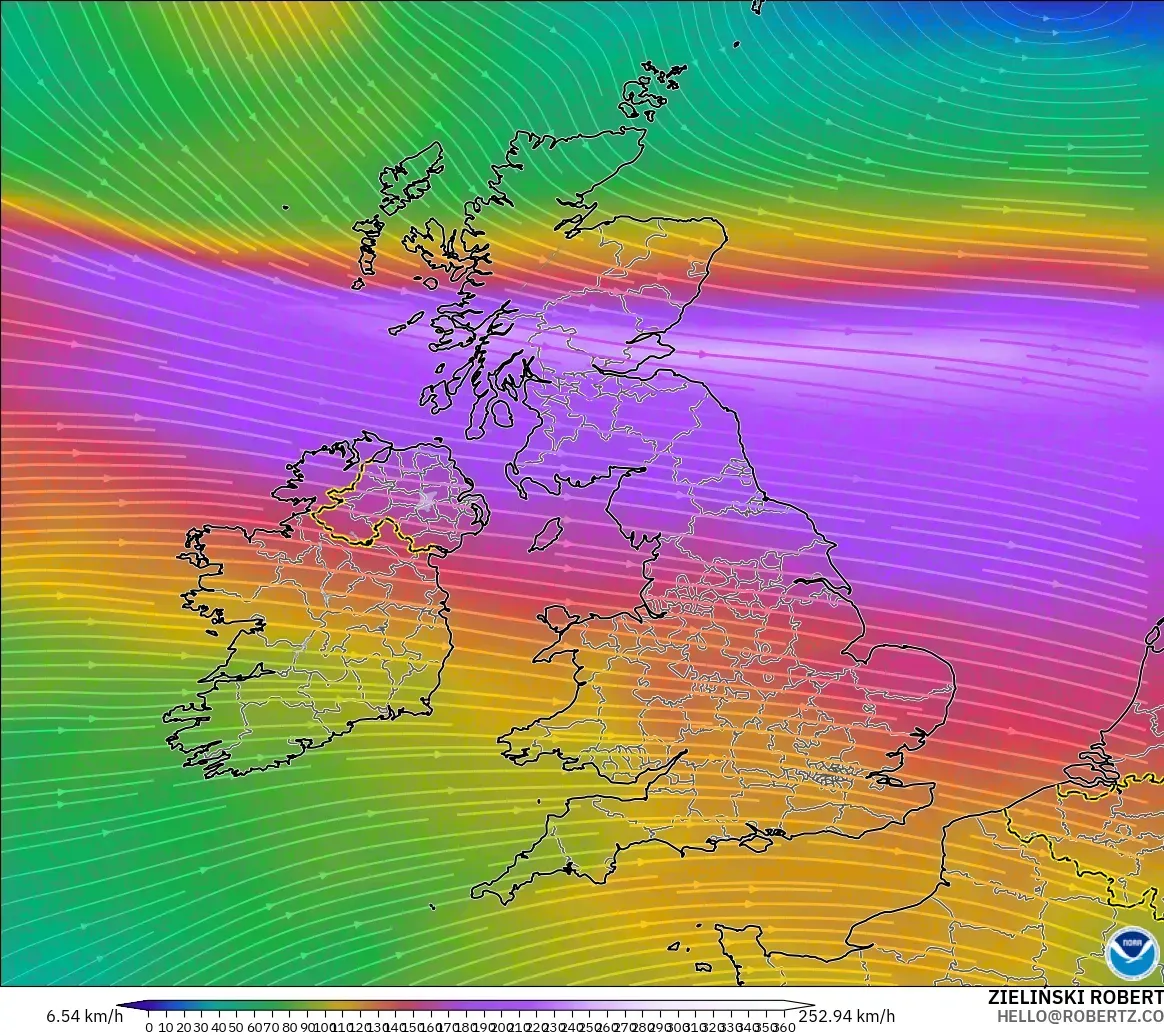 GFS modelo - Reino Unido, Viento a 300 hPa (corriente en chorro)