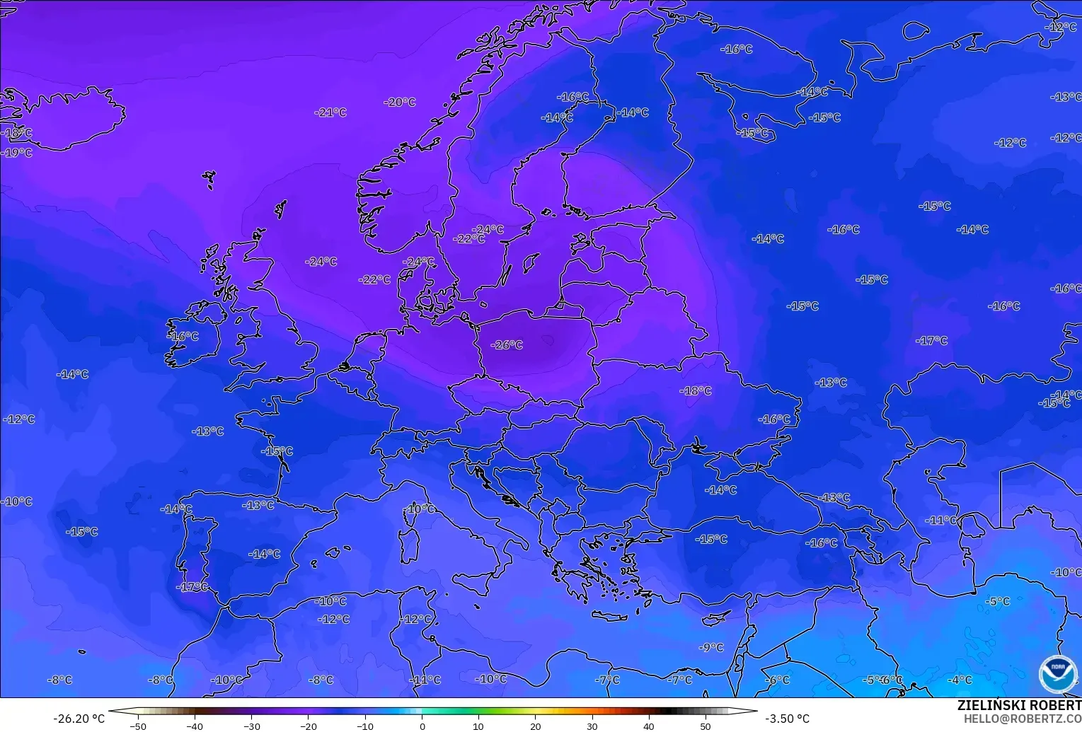 GFS modelo - Europa, Temperatura a 500 hPa