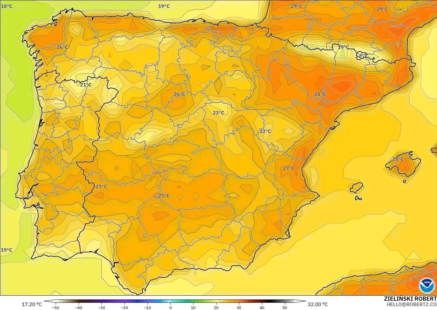 GFS modelo - España, Temperatura a 2 m