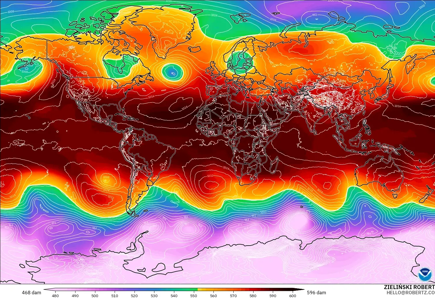 GFS modelo - Mundo, Altura geopotencial a 500 hPa
