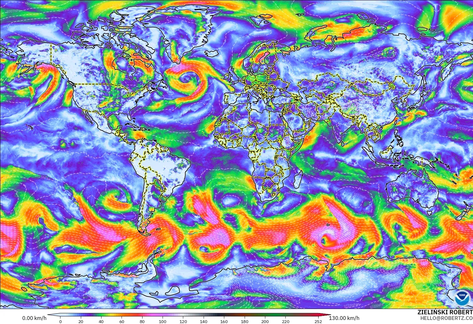 GFS modelo - Mundo, Ráfagas de viento