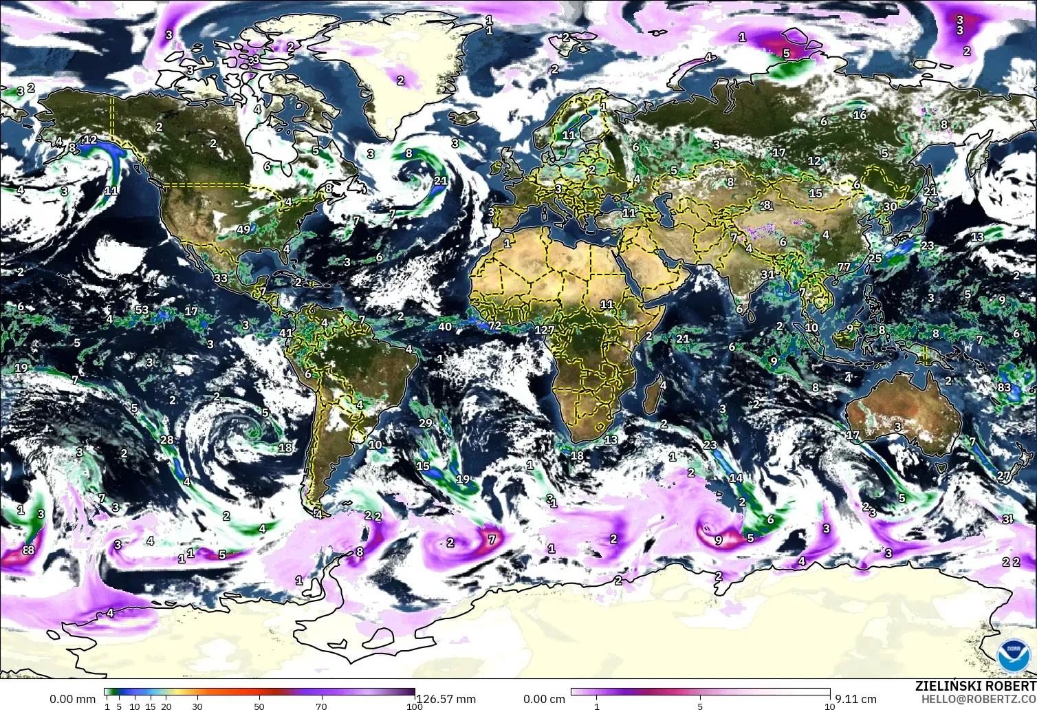 GFS modelo - Mundo, Precipitación, nubes y presión