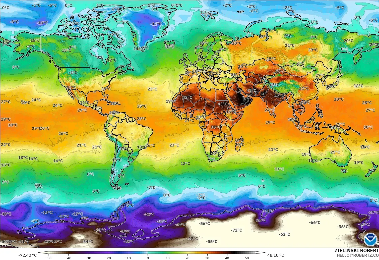 GFS modelo - Mundo, Temperatura a 2 m