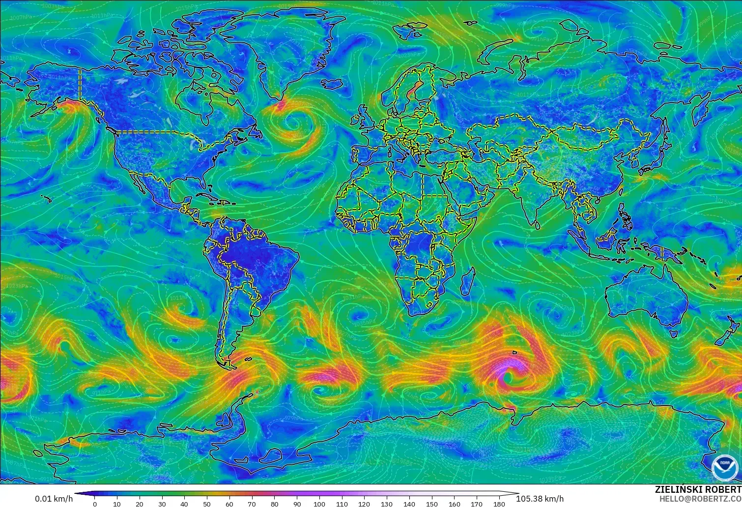 GFS modelo - Mundo, Viento a 10 m